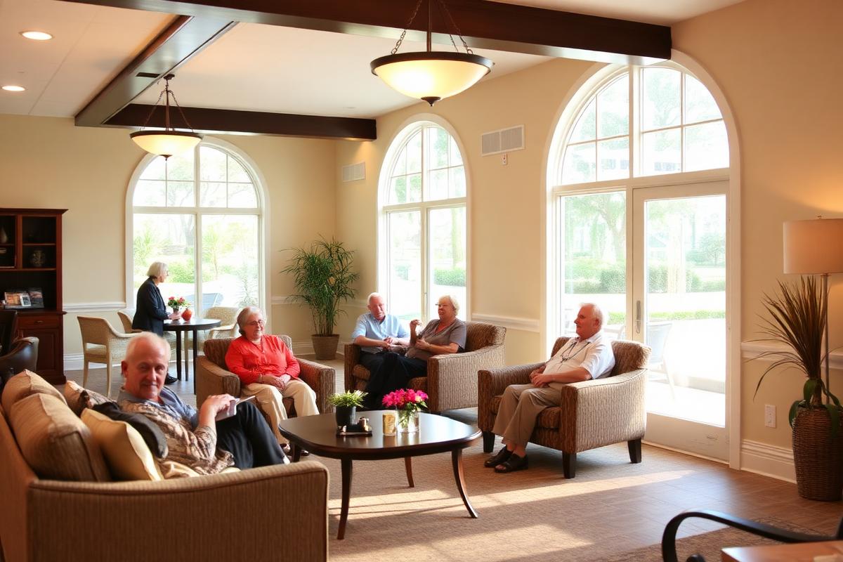 Bright assisted living community common area with seniors socializing