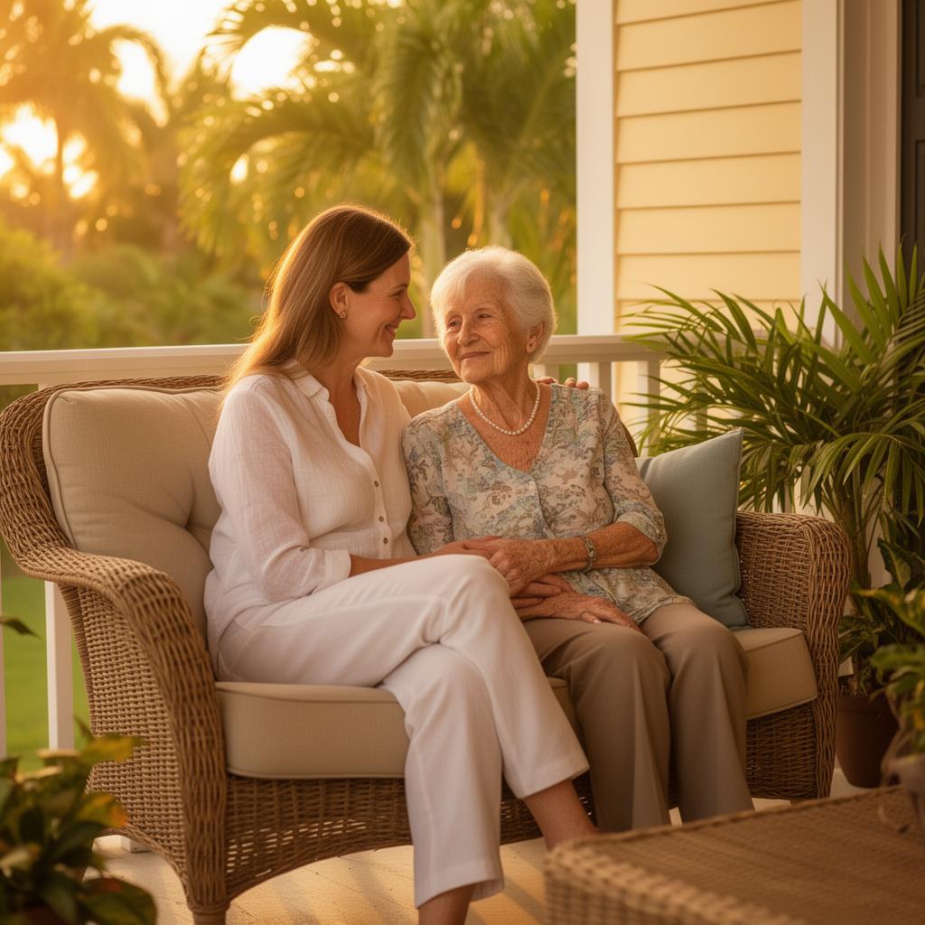 Adult daughter and elderly mother sitting together on a Florida porch in golden afternoon light