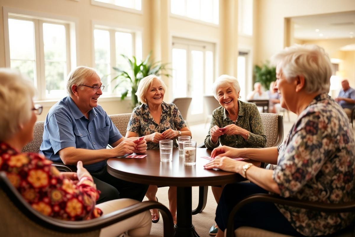 Active seniors playing cards and laughing in independent living community