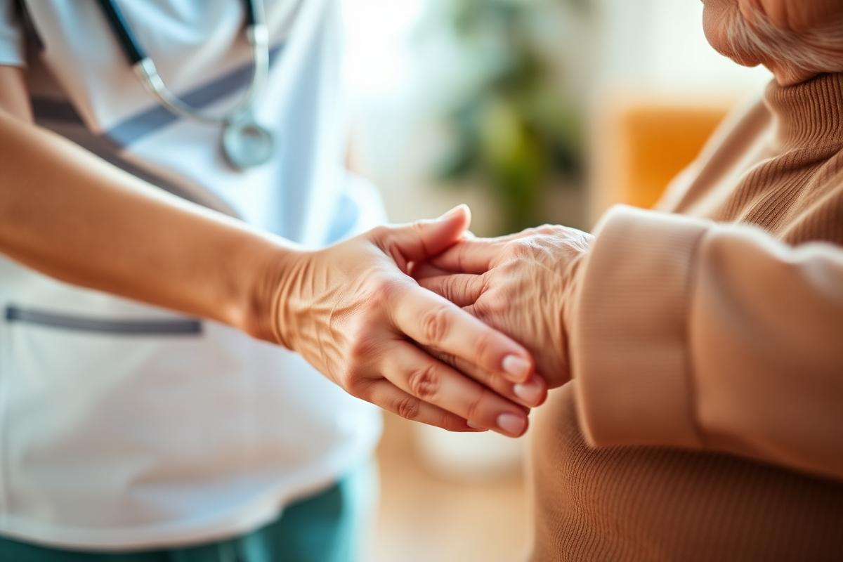 Compassionate caregiver holding hands with elderly person in memory care