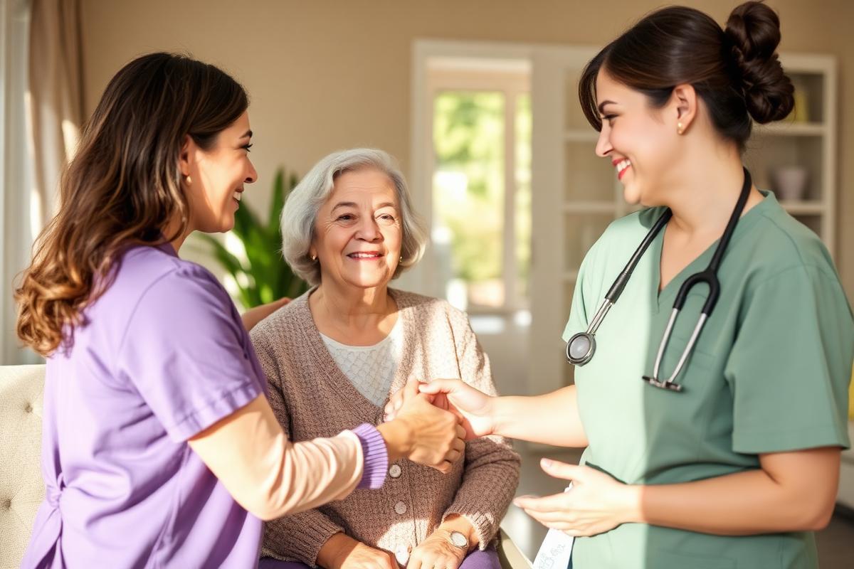 Family caregiver being relieved by professional care staff