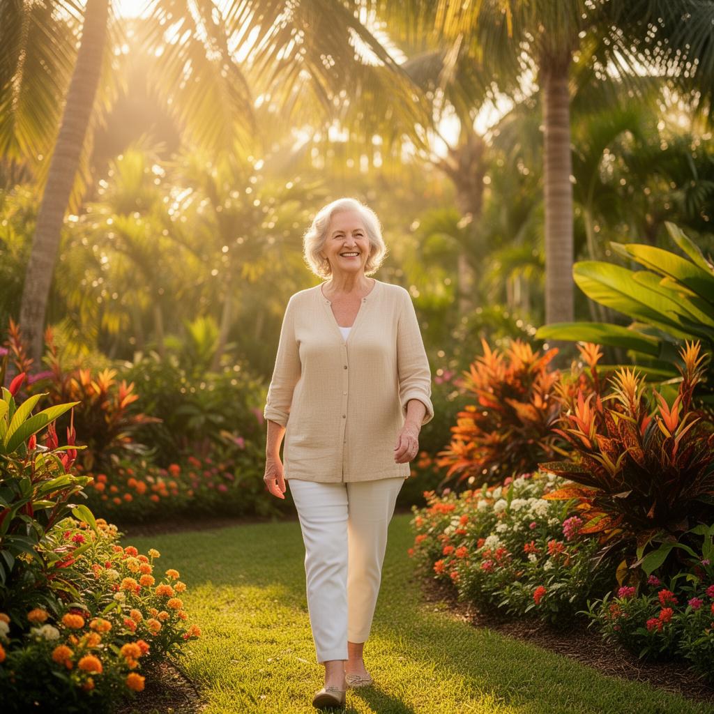 Senior woman walking in a sunny Florida garden, smiling in golden light